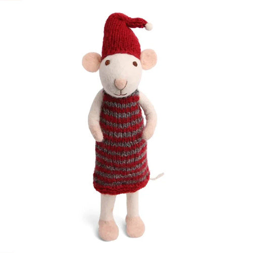 Big Felt White Mouse - in Striped Dress