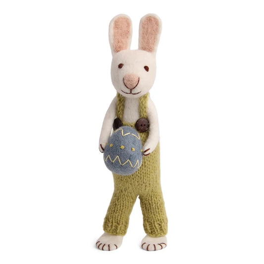 Big Felt White Bunny - in Overalls with Blue Egg