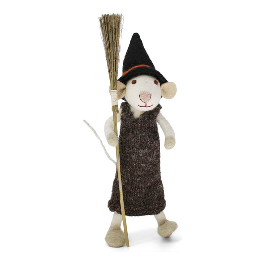 Big Felt White Mouse - with Broom in Dress