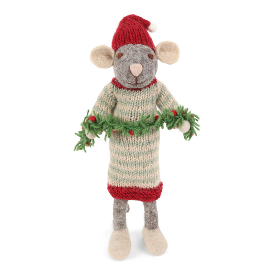 Big Felt Grey Mouse - with Garland in Dress