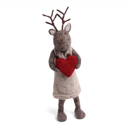 Big Felt Grey Deer - with Heart in Dress