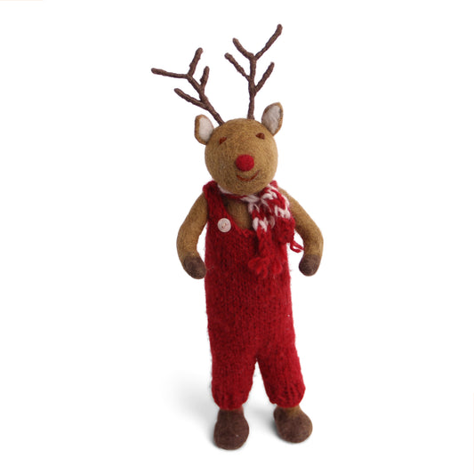 Big Felt Brown Deer - Rudolph in Red Overalls