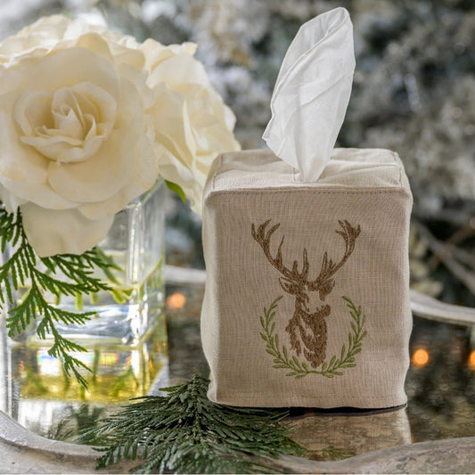 Tissue Box Cover - Laurel Wreath Stag