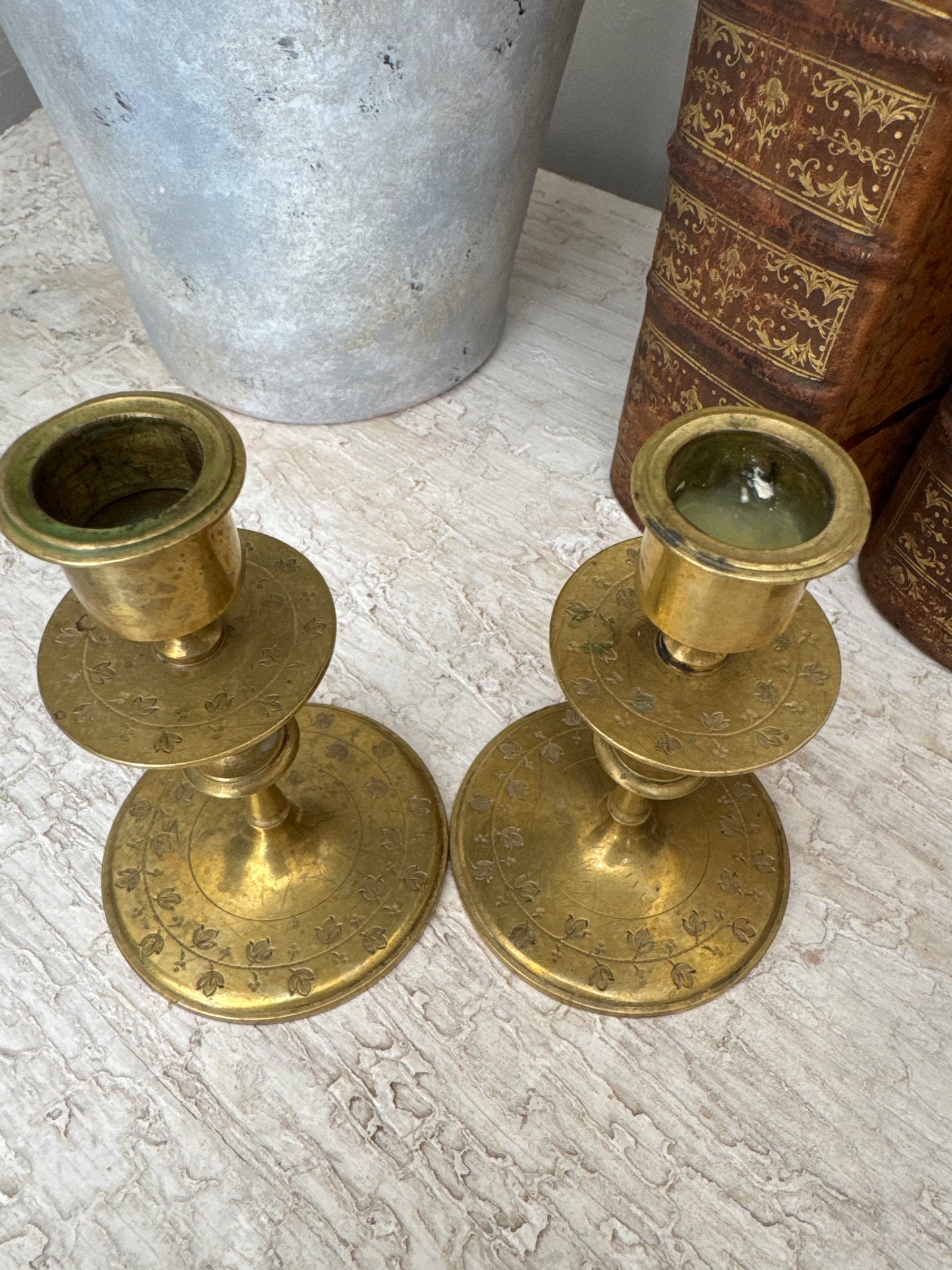 Antique 19th c. French Brass Candlesticks with Engraved Foliage (pair)