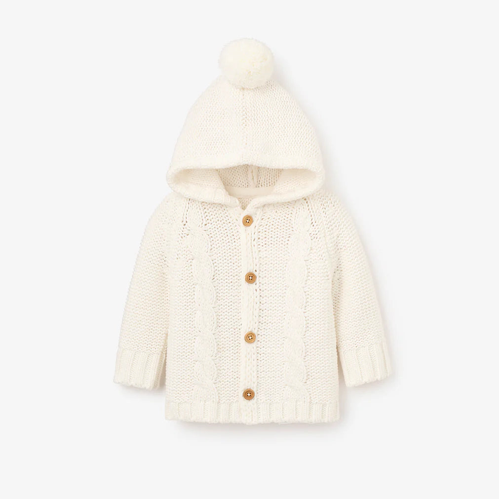 Cardigan Sweater - White with Pom Pom Hood