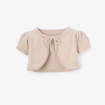Cardigan Sweater - Embroidered Floral Bolero Taupe
