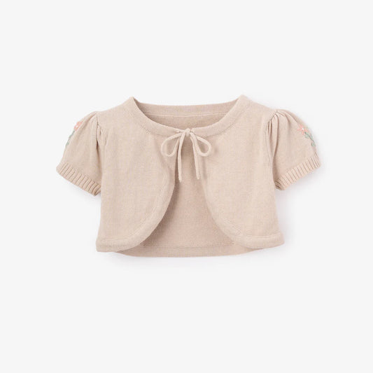 Cardigan Sweater - Embroidered Floral Bolero Taupe