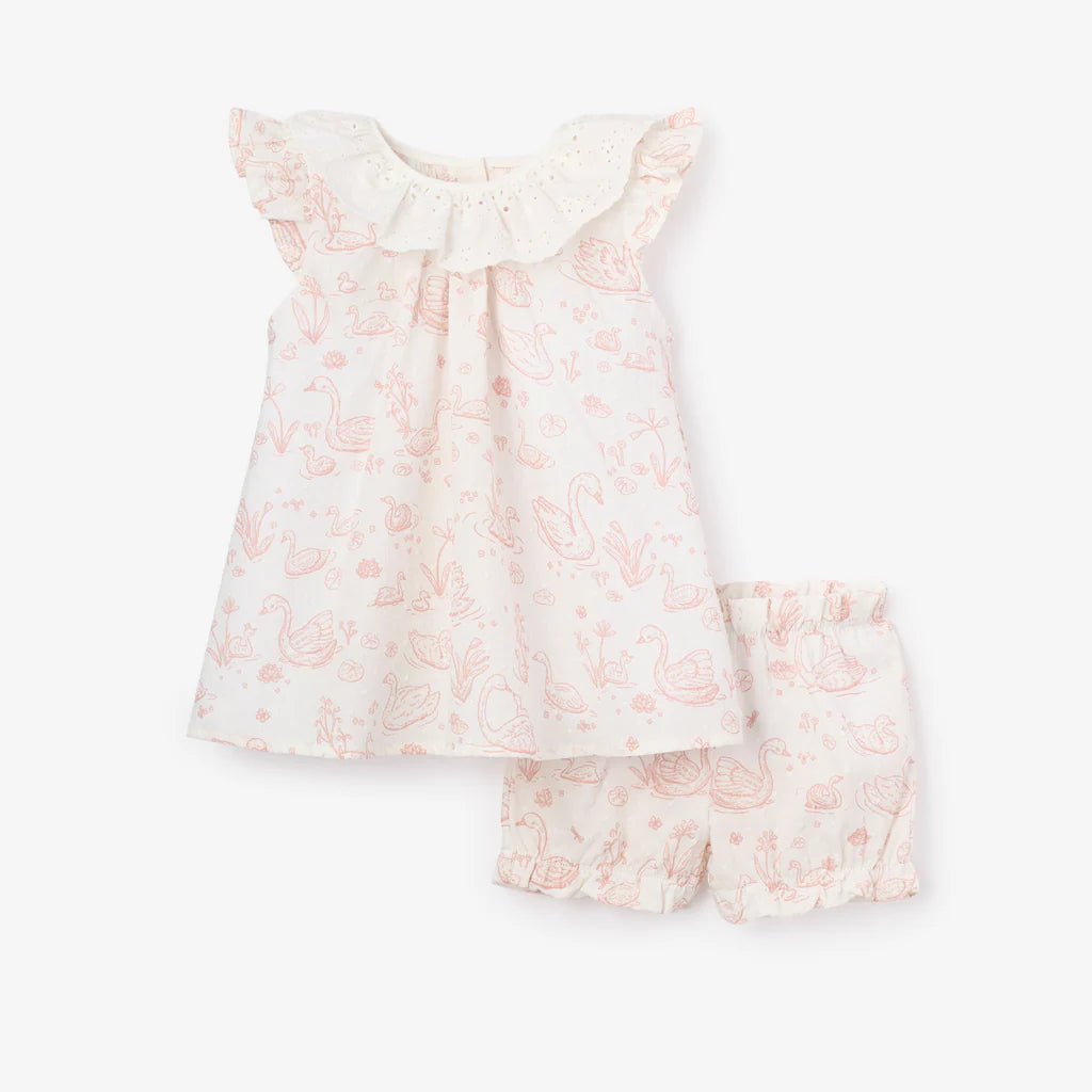 Dress with Bloomers - Swan Toile Swiss Dot