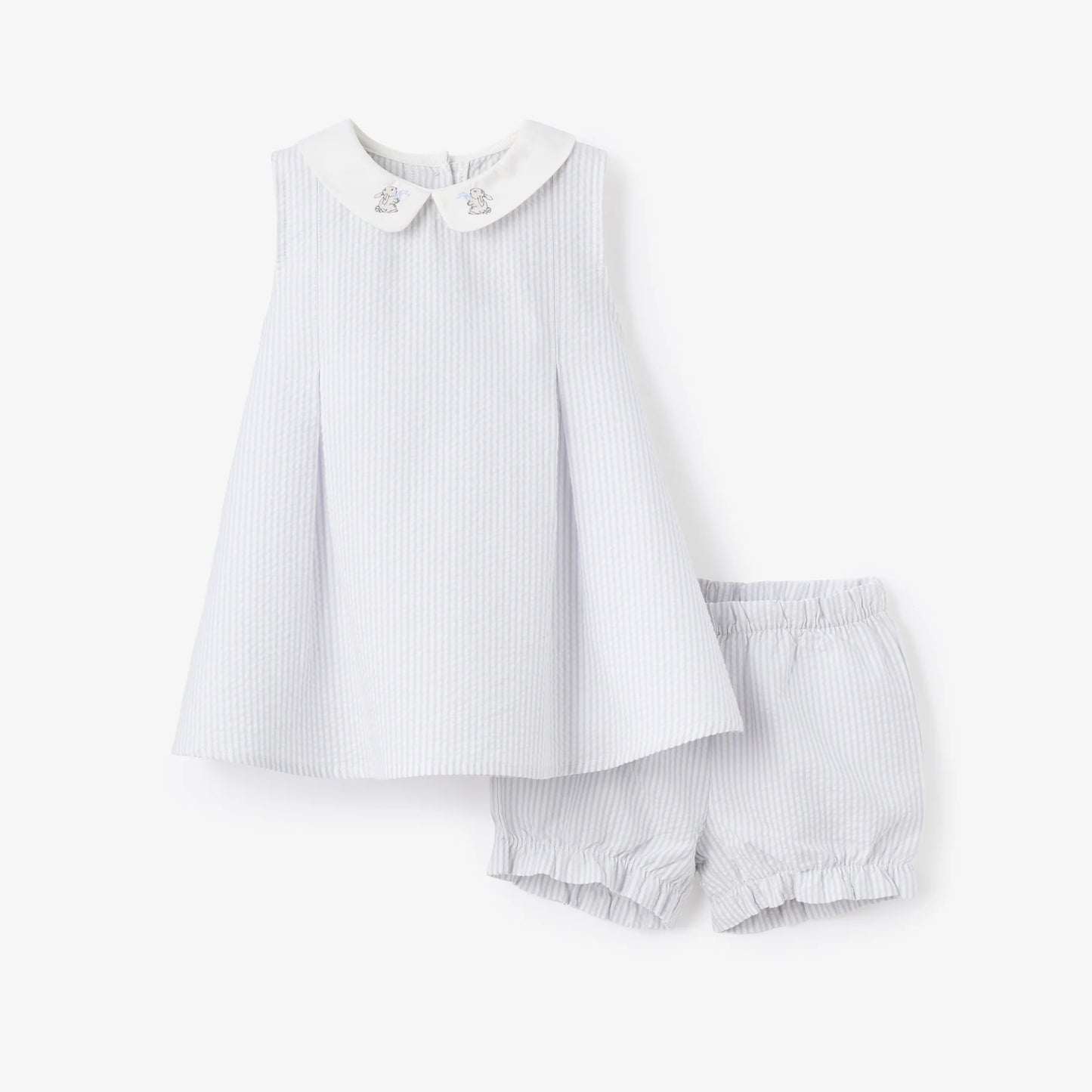 Dress with Bloomers - Blue Seersucker with Bunny Embroidery