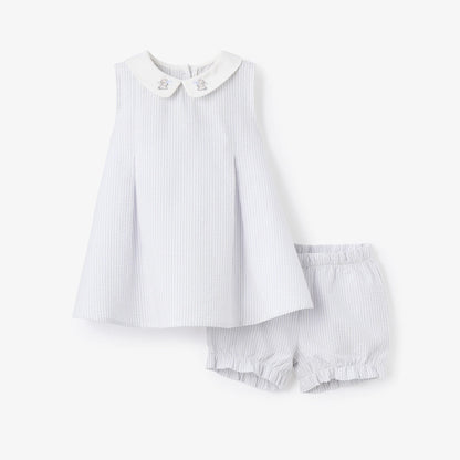 Dress with Bloomers - Blue Seersucker with Bunny Embroidery