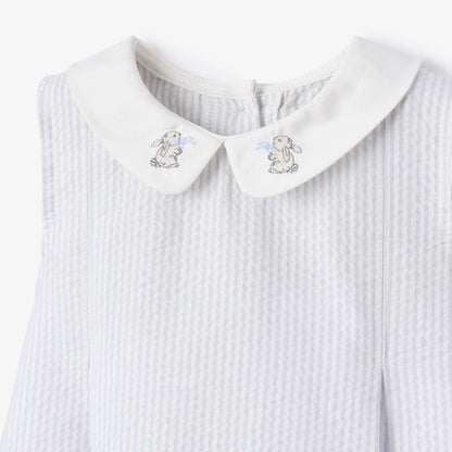 Dress with Bloomers - Blue Seersucker with Bunny Embroidery