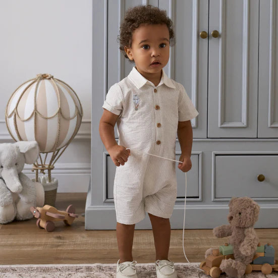Shortall Romper - Up & Away Grey Seersucker