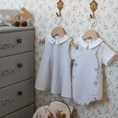 Dress with Bloomers - Blue Seersucker with Bunny Embroidery