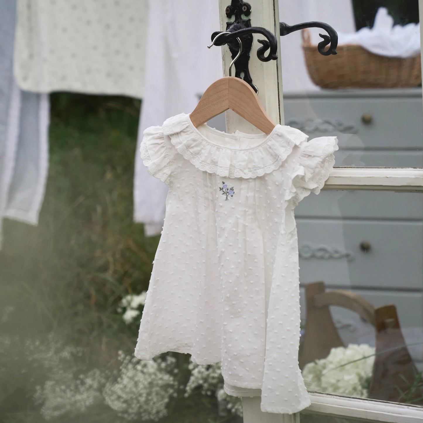 Dress with Bloomers - Swiss Dot Pintucked with Rose Embroidery