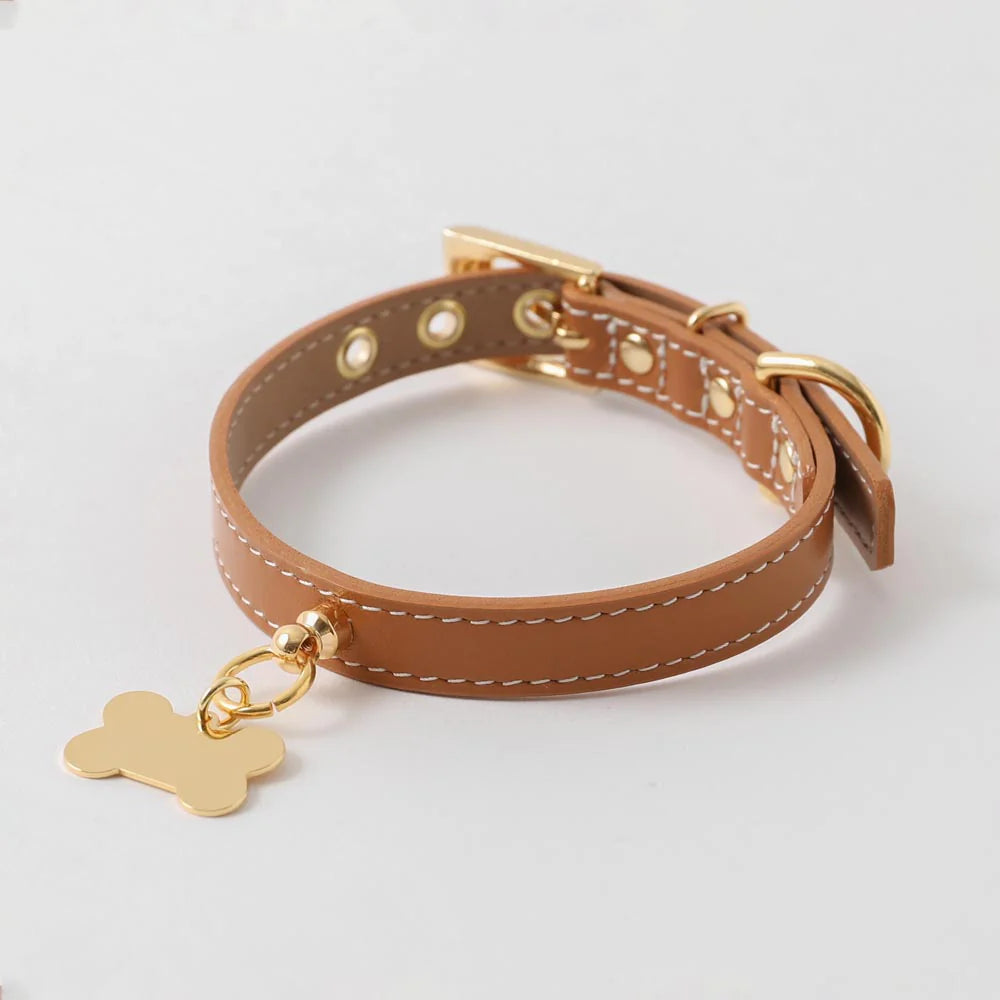 Leather Dog Collar - Camel with Bone Charm