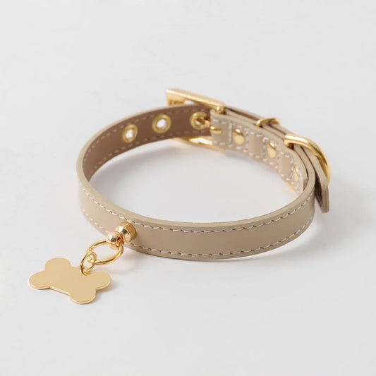 Leather Dog Collar - Beige with Bone Charm