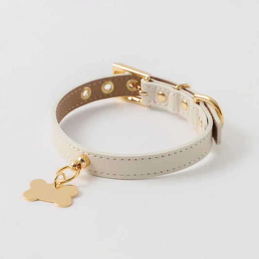 Leather Dog Collar - Ivory with Bone Charm
