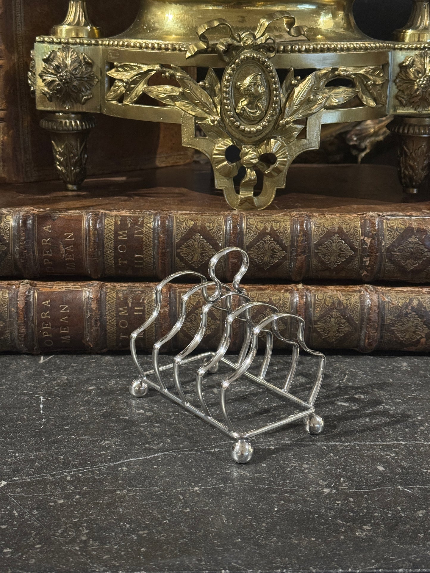 Antique 20th c. English Silverplate Toast Rack with Ball Feet (4 slots)