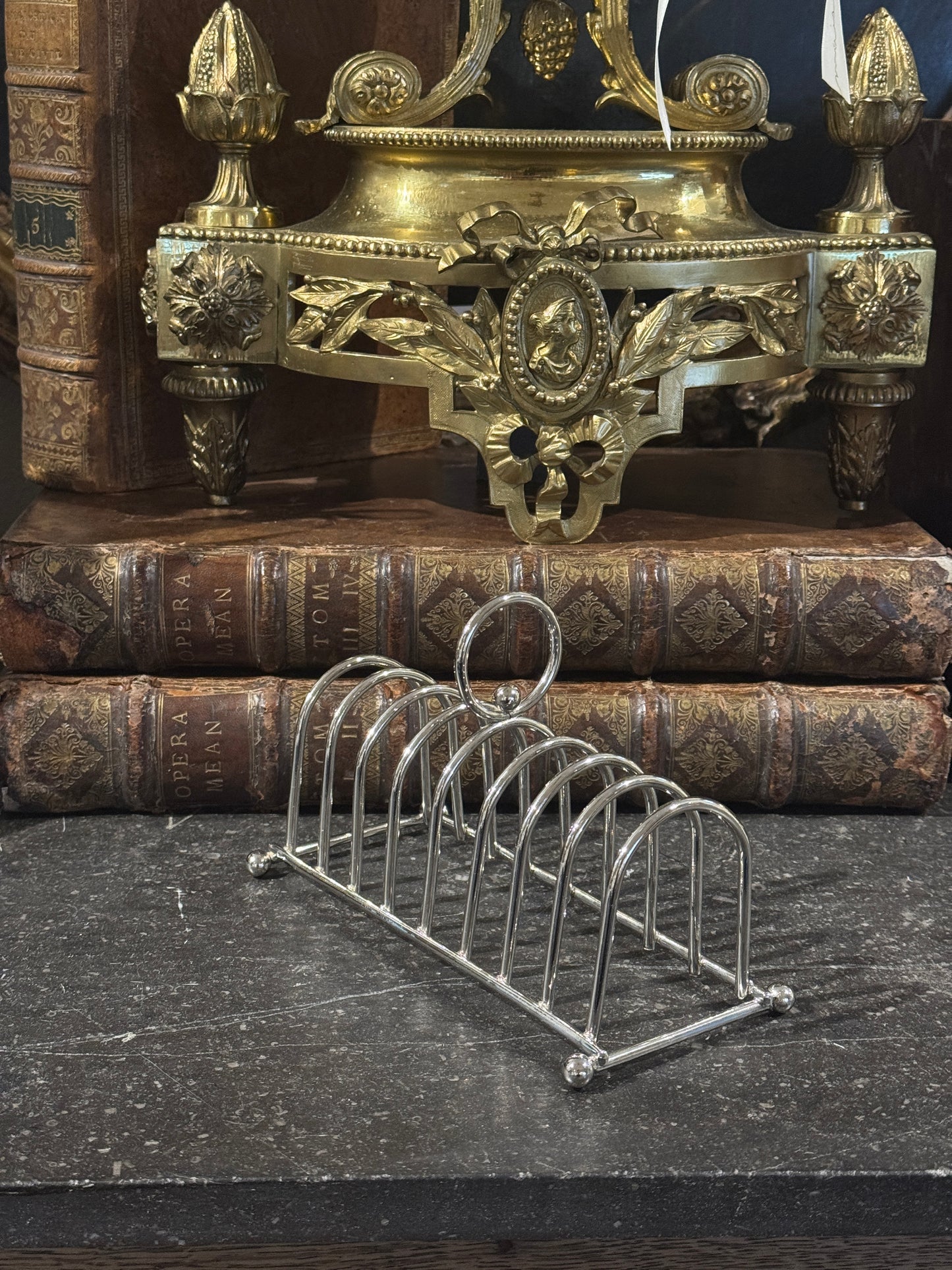 Antique 20th c. English Silverplate Toast Rack with Ball Feet (8 slots)
