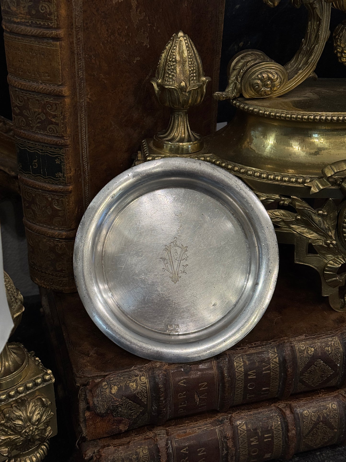 Antique 19th c. French Silverplate (metal blanc) Monogram Dish by Boulenger