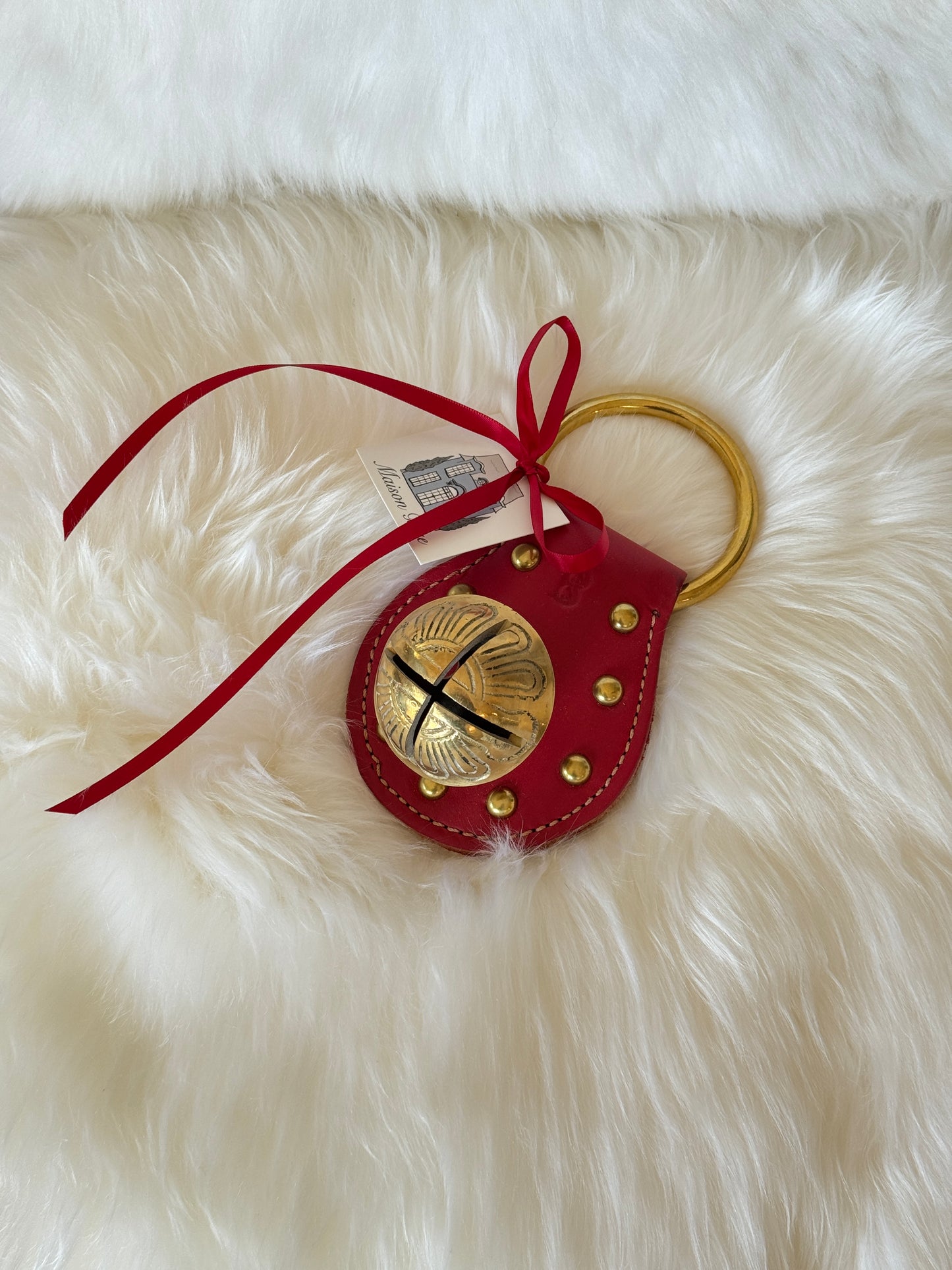 Solid Brass Sleigh Bells - Stitched & Studded Teardrop - Red