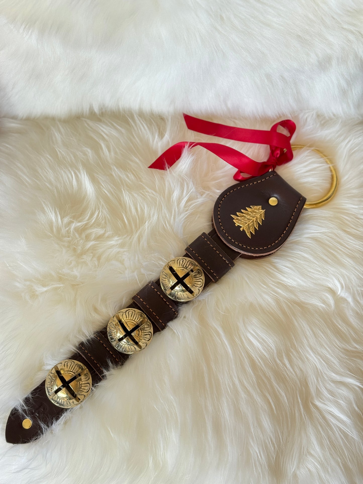 Solid Brass Sleigh Bells - 3 Bell Double Tree - Dark Brown