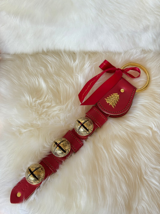 Solid Brass Sleigh Bells - 3 Bell Double Tree - Red