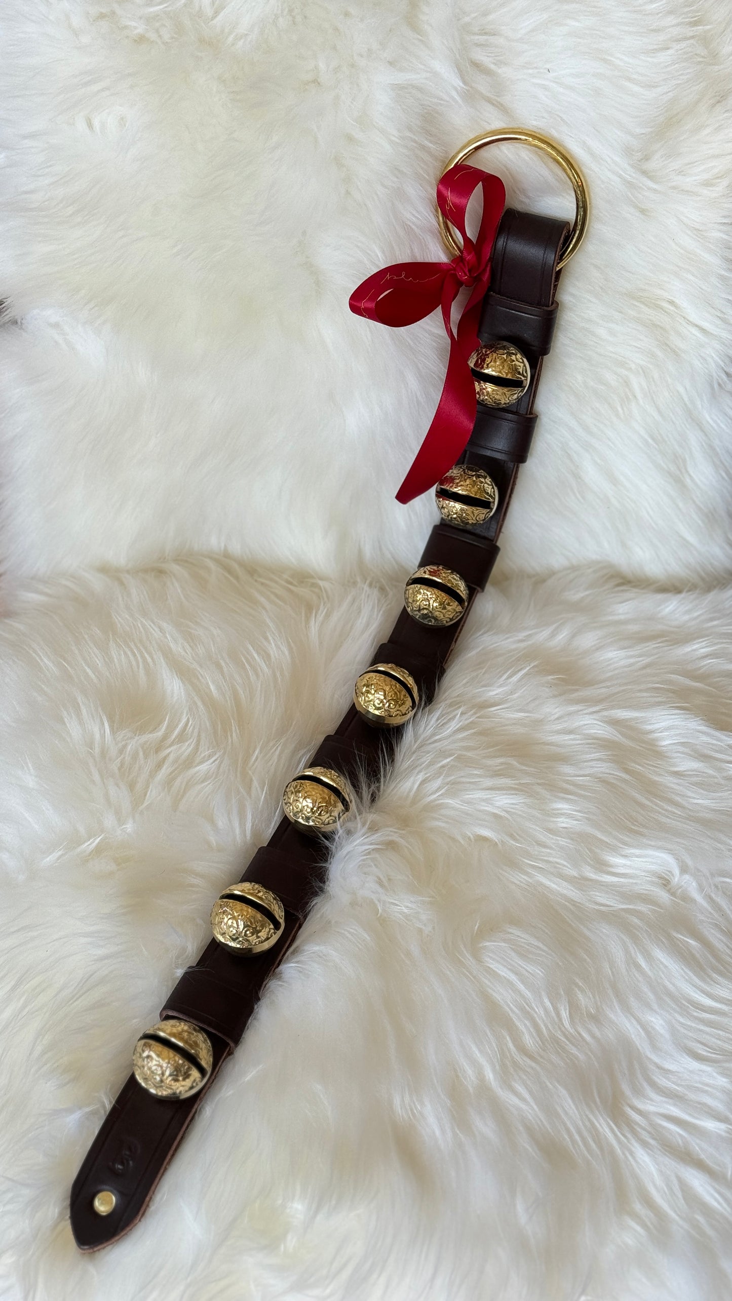 Solid Brass Sleigh Bells - Stitched 7 Raspberry Bell Strap - Dark Brown