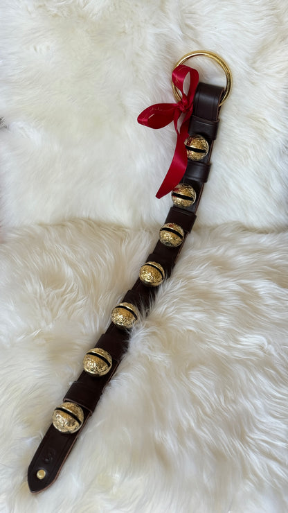 Solid Brass Sleigh Bells - Stitched 7 Raspberry Bell Strap - Dark Brown