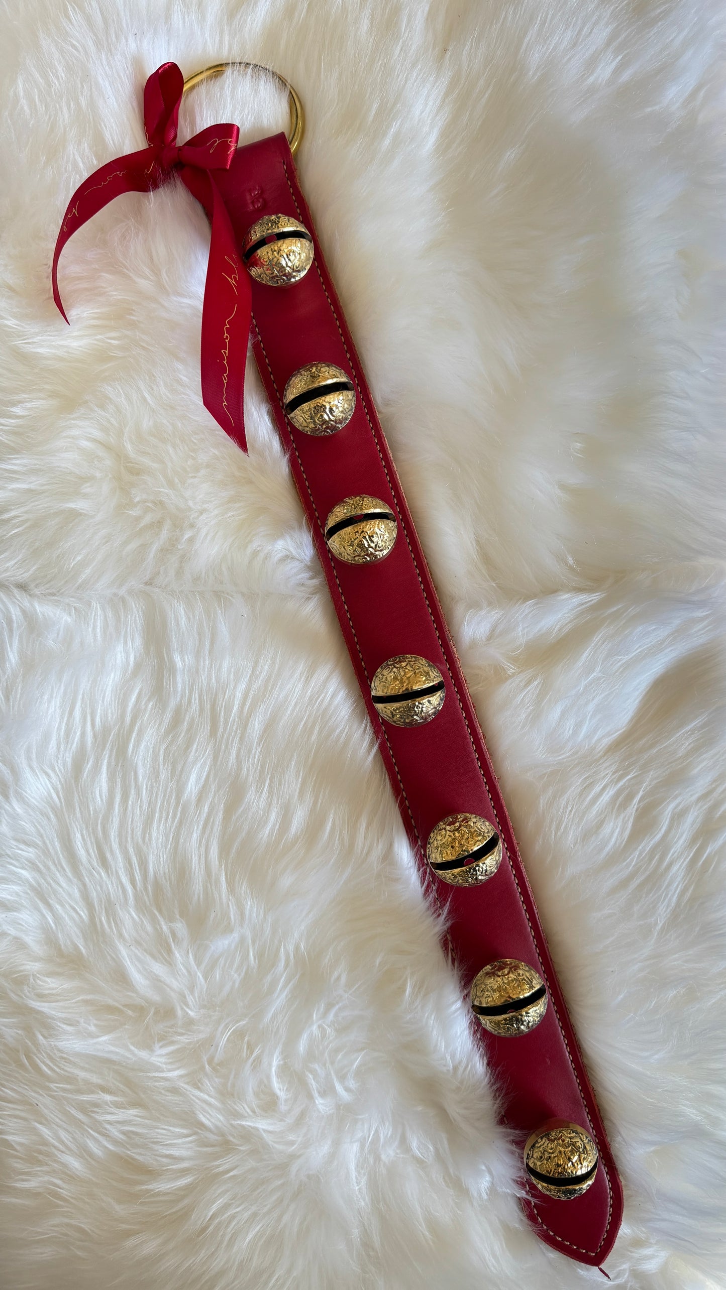 Solid Brass Sleigh Bells - Stitched 7 Raspberry Bell Strap - Red