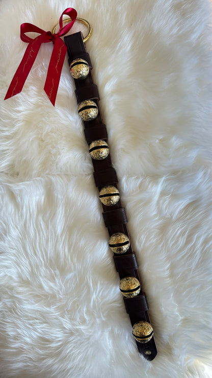 Solid Brass Sleigh Bells - Stitched 7 Raspberry Bell Strap - Dark Brown