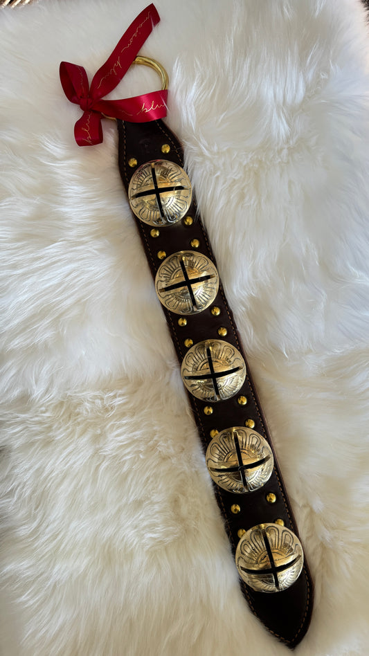 Solid Brass Sleigh Bells - Stitched & Studded 5 Bell Strap - Dark Brown