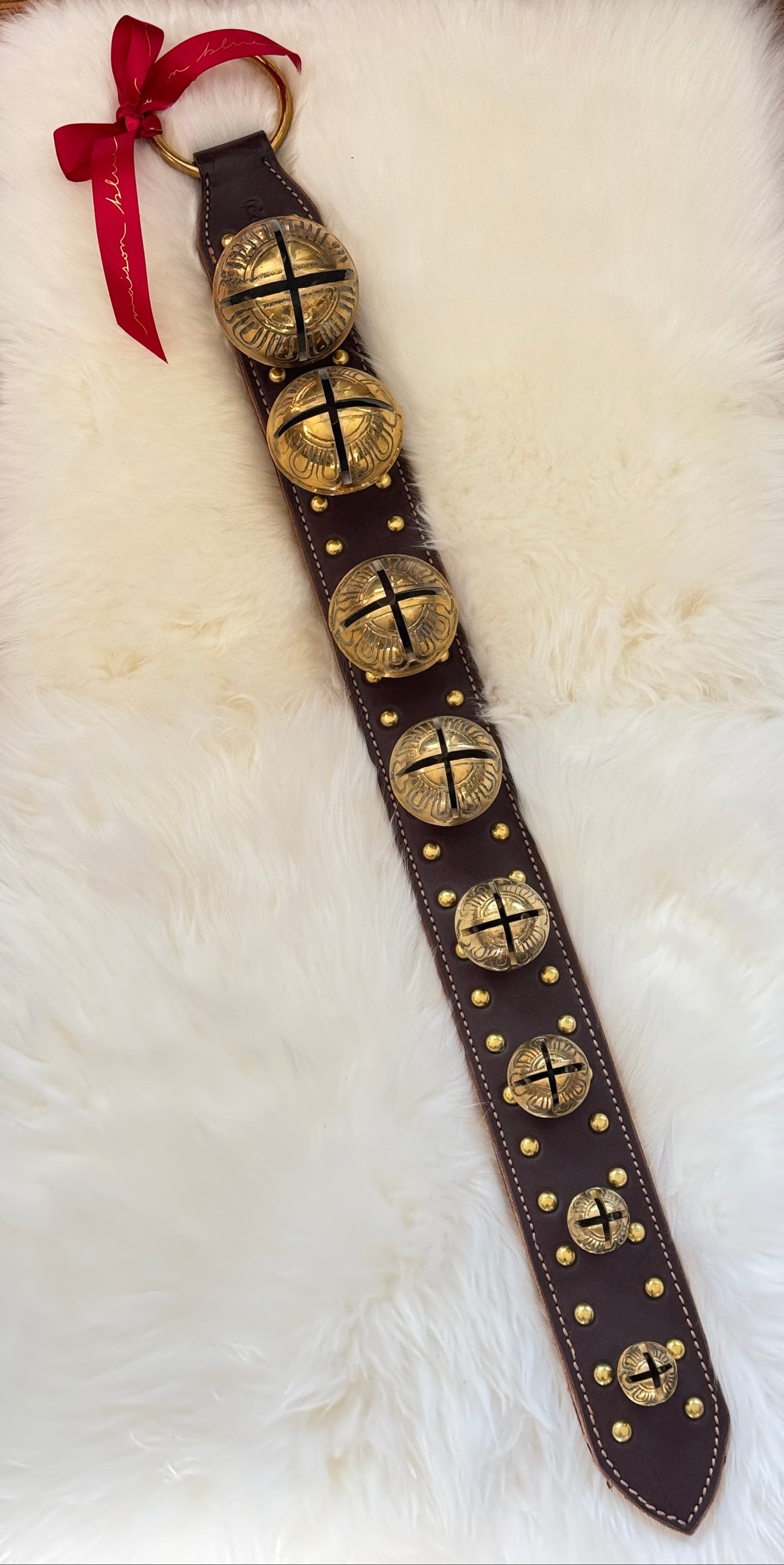 Solid Brass Sleigh Bells - Stitched & Studded 8 Bell Strap - Dark Brown