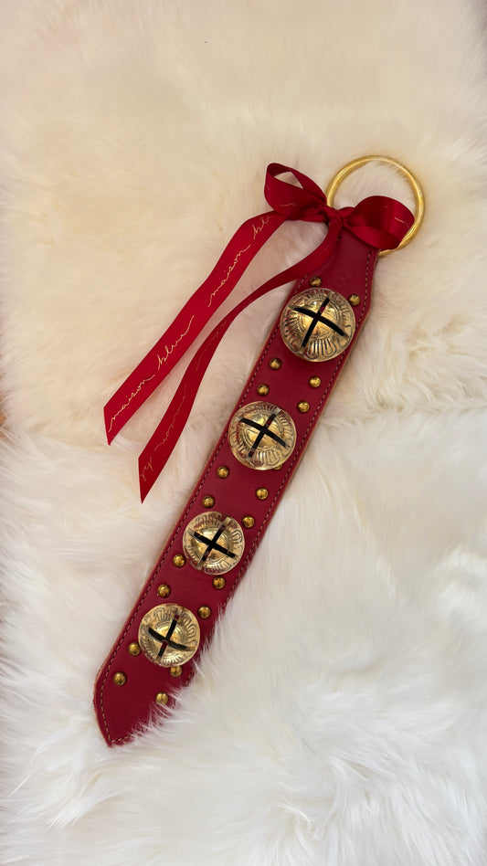 Solid Brass Sleigh Bells - Stitched & Studded 4 Bell Strap - Red