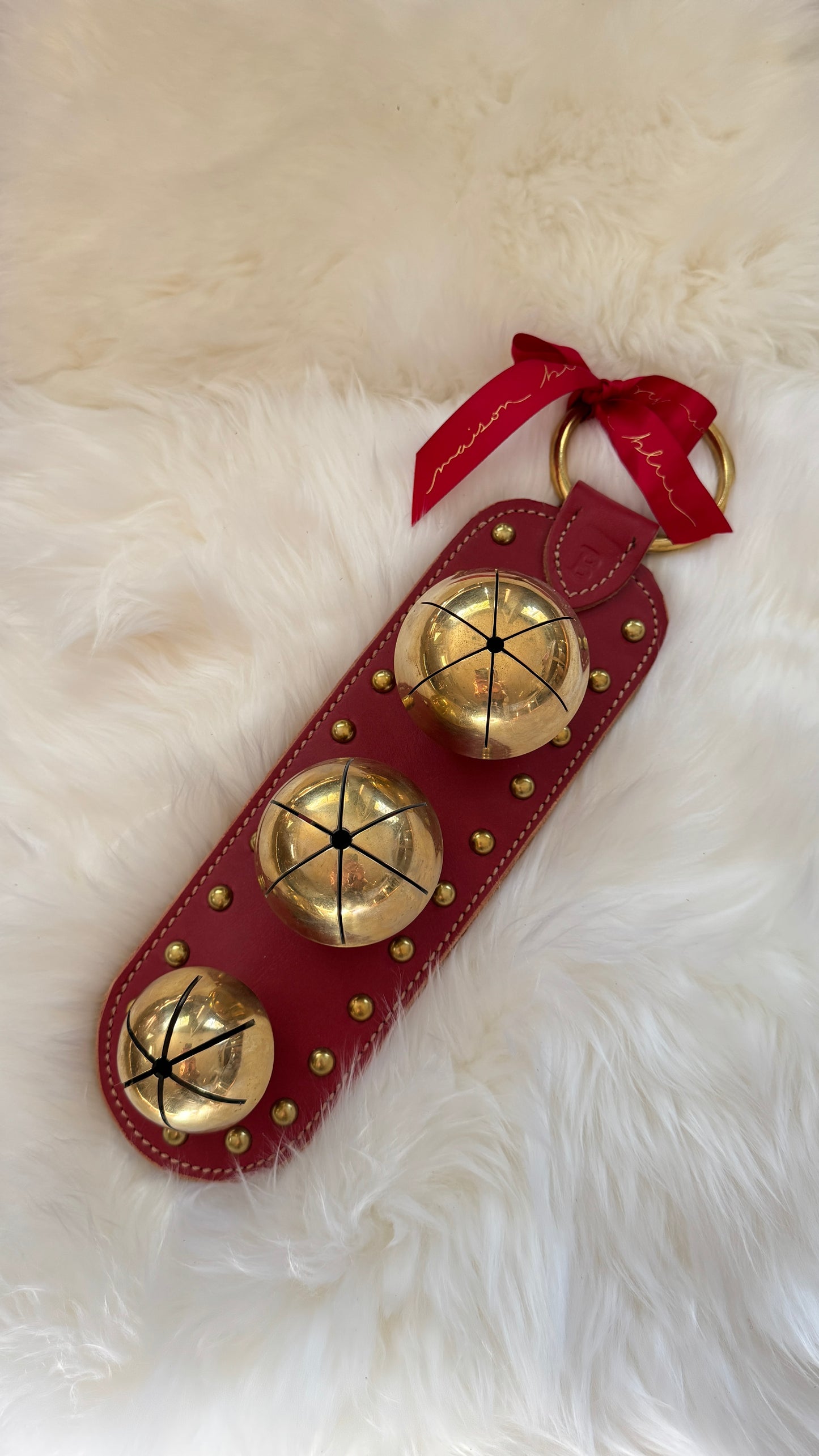Solid Brass Sleigh Bells - Stitched & Studded 3 Rump Bell Strap - Red