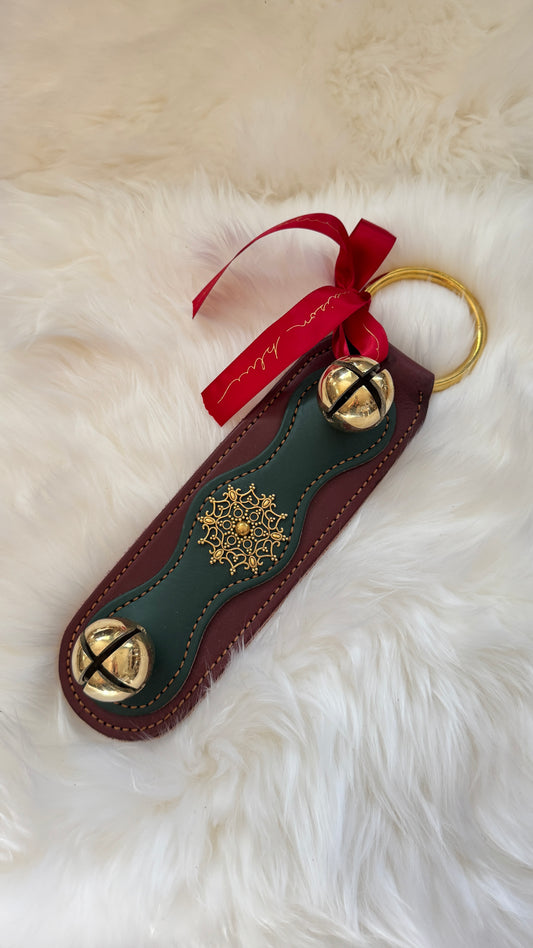 Solid Brass Sleigh Bells - Double Bell Snowflake - Burgundy/Green