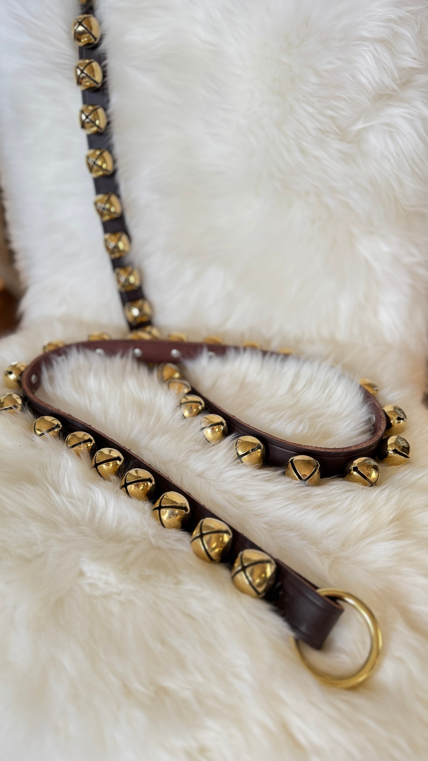 Solid Brass Sleigh Bells - Narrow Strap 60” Ring Ends - Dark Brown