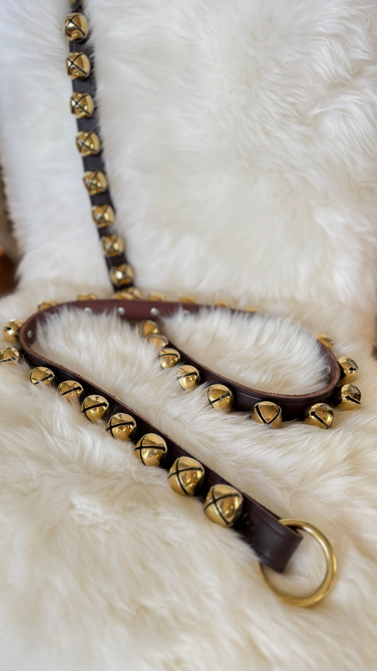 Solid Brass Sleigh Bells - Narrow Strap 60” Ring Ends - Dark Brown