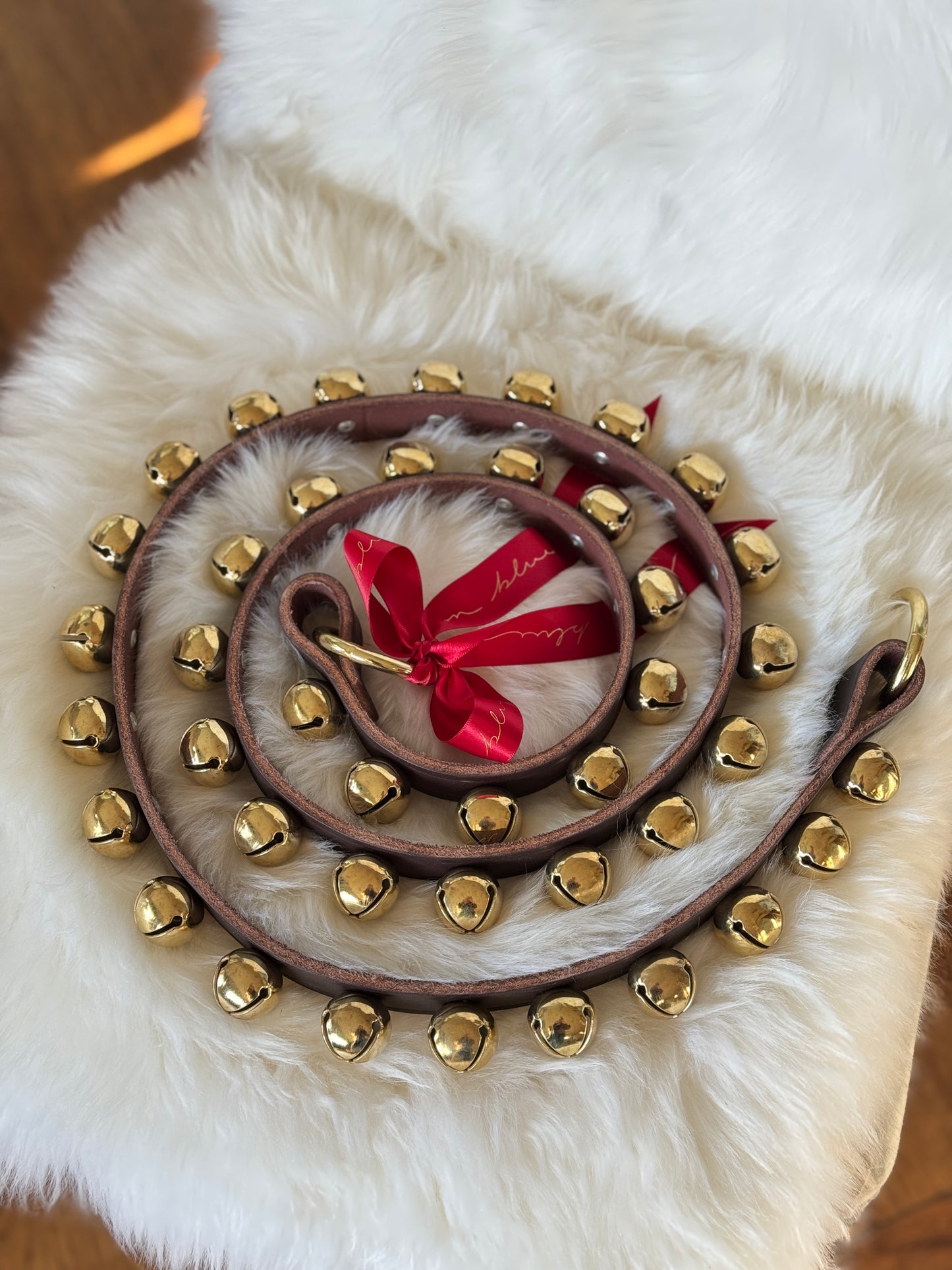 Solid Brass Sleigh Bells - Narrow Strap 60” Ring Ends - Dark Brown