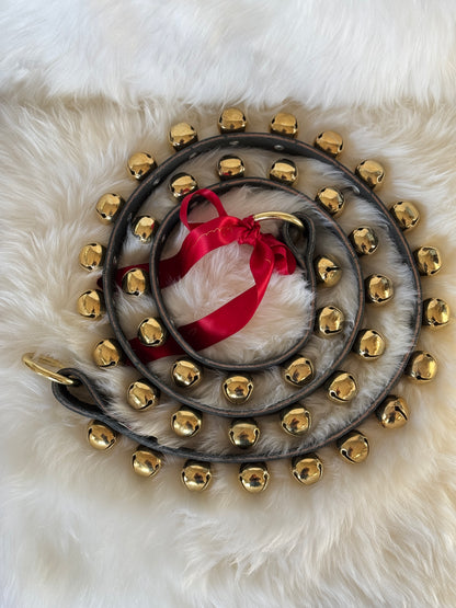 Solid Brass Sleigh Bells - Narrow Strap 60” Ring Ends - Black