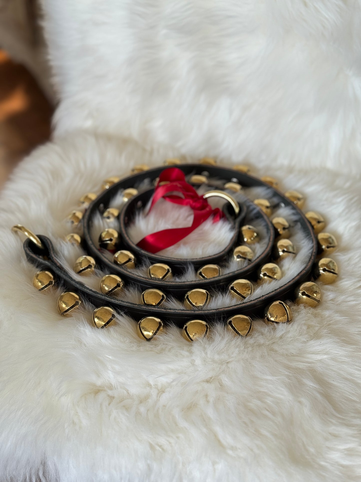 Solid Brass Sleigh Bells - Narrow Strap 60” Ring Ends - Black