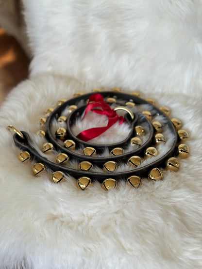 Solid Brass Sleigh Bells - Narrow Strap 60” Ring Ends - Black