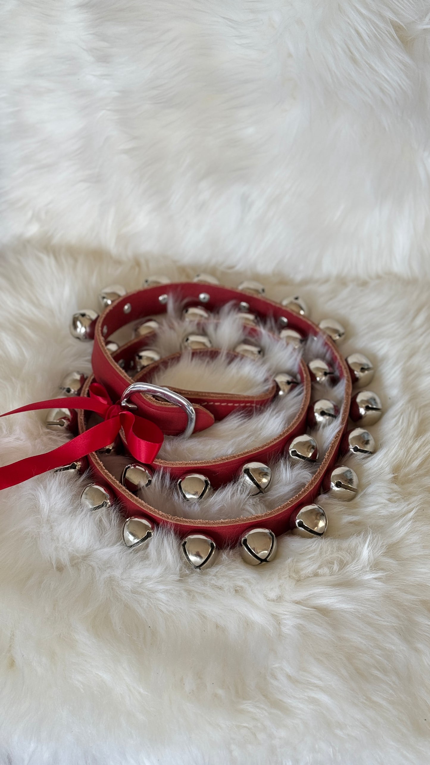 Nickel Plated Brass Sleigh Bells - Narrow Strap 60” Buckle - Red
