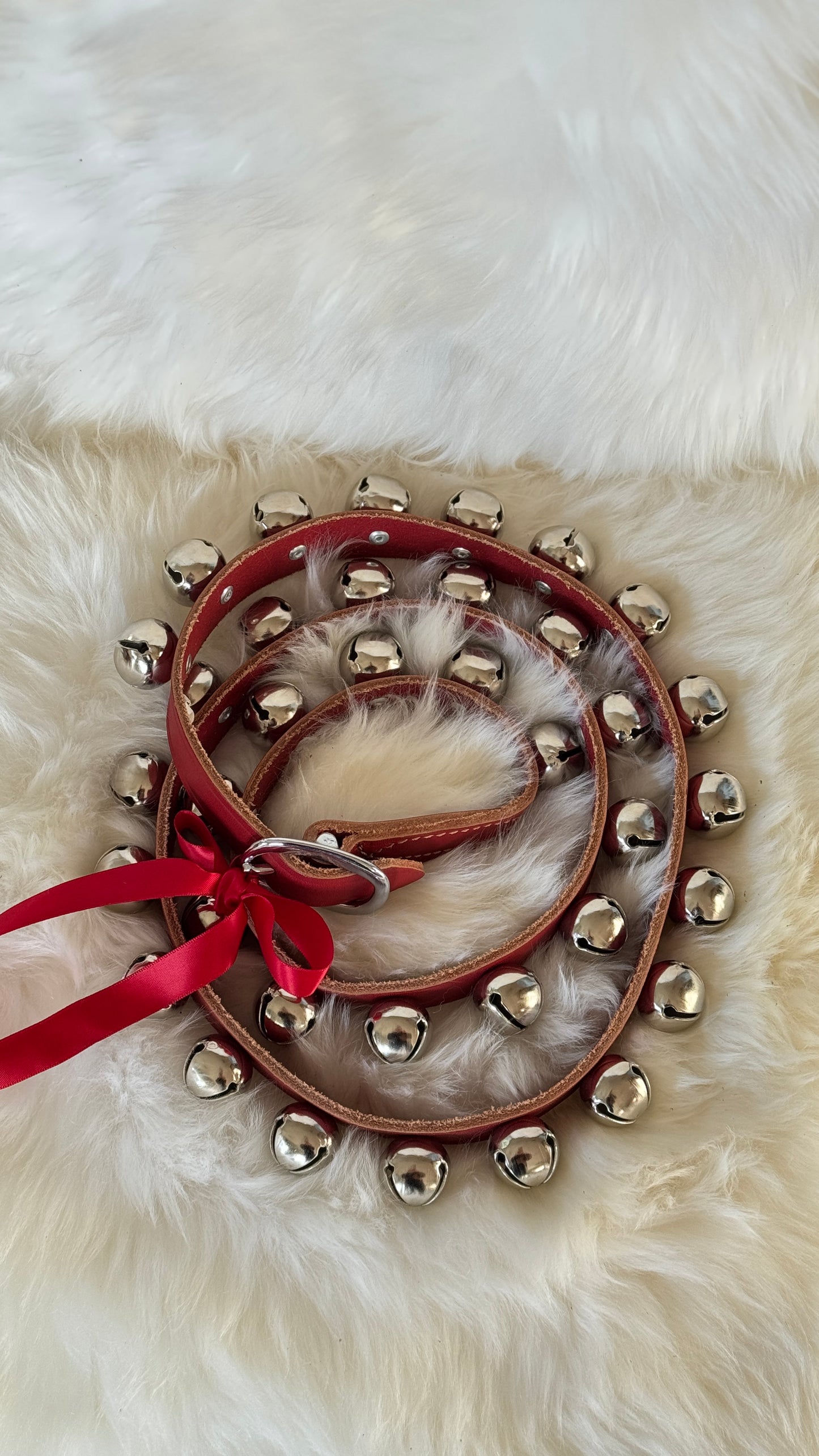 Nickel Plated Brass Sleigh Bells - Narrow Strap 60” Buckle - Red