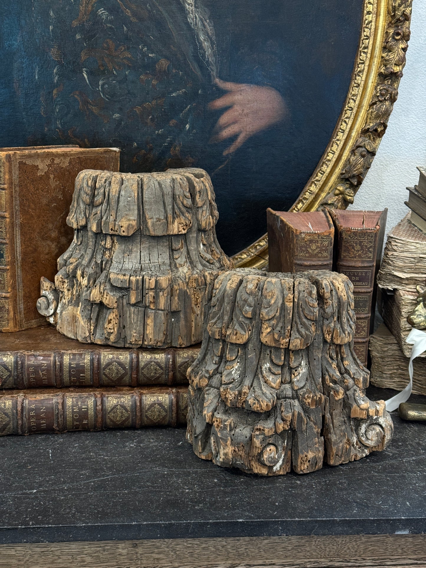 Antique 18th c. Wood Column Capital Fragments (pair)