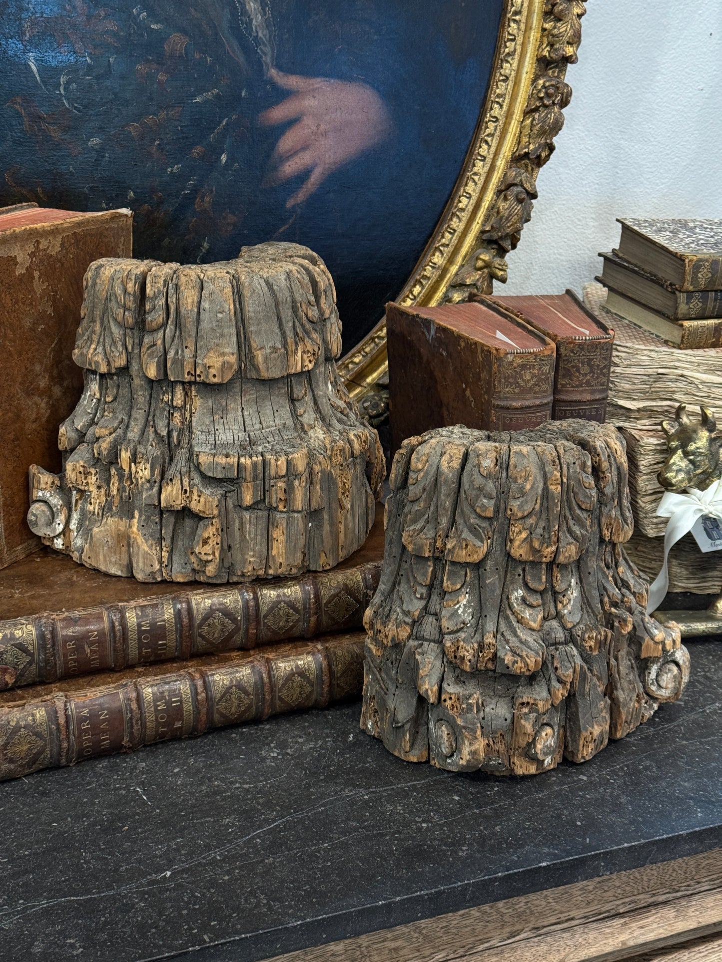 Antique 18th c. Wood Column Capital Fragments (pair)