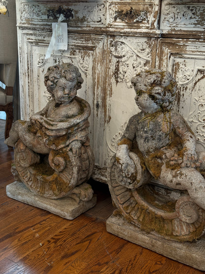 Antique 19th c. French Autumn & Winter Putti Garden Statues (pair)