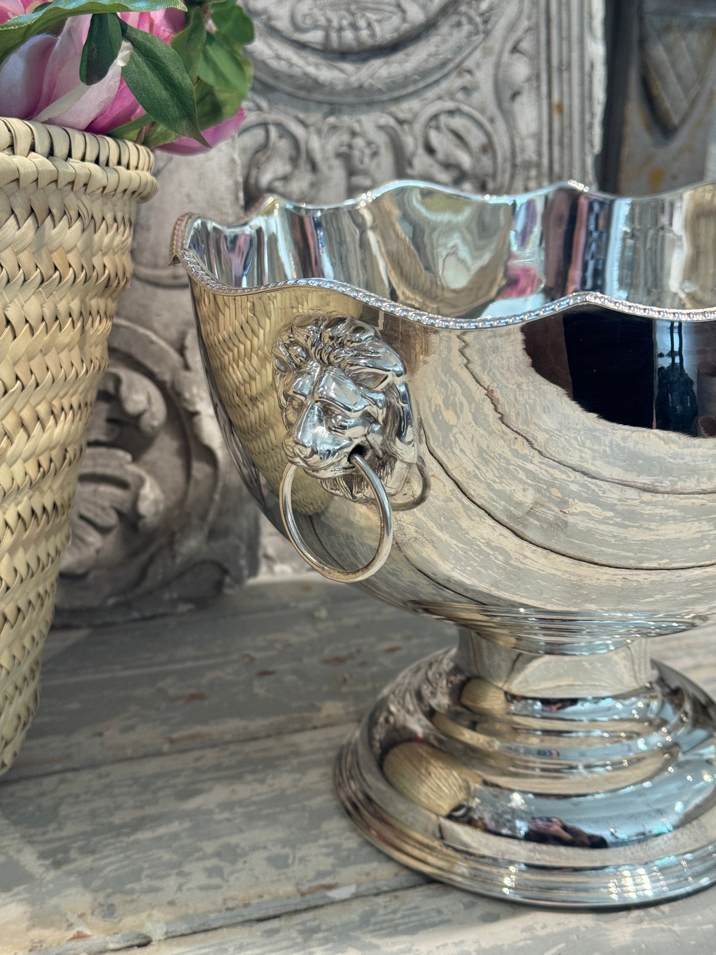 Vintage 20th c. English Silverplate Lion Head Champagne Bowl