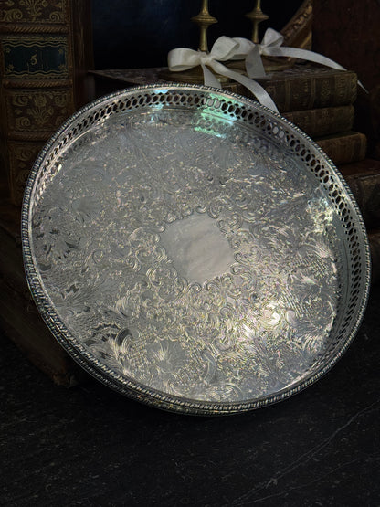 Vintage 20th c. English Silverplate Serving Tray - Round Small