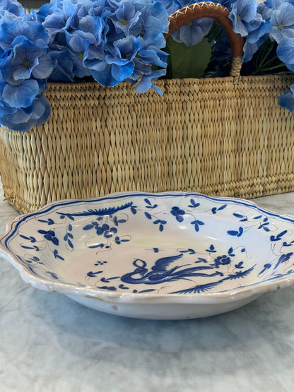 Antique 20th c. Blue & White Moustiers Round Serving Bowl